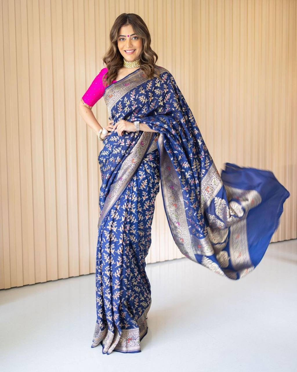 Sophisticated Blue Color Banarasi Soft Silk Saree With Blouse Piece