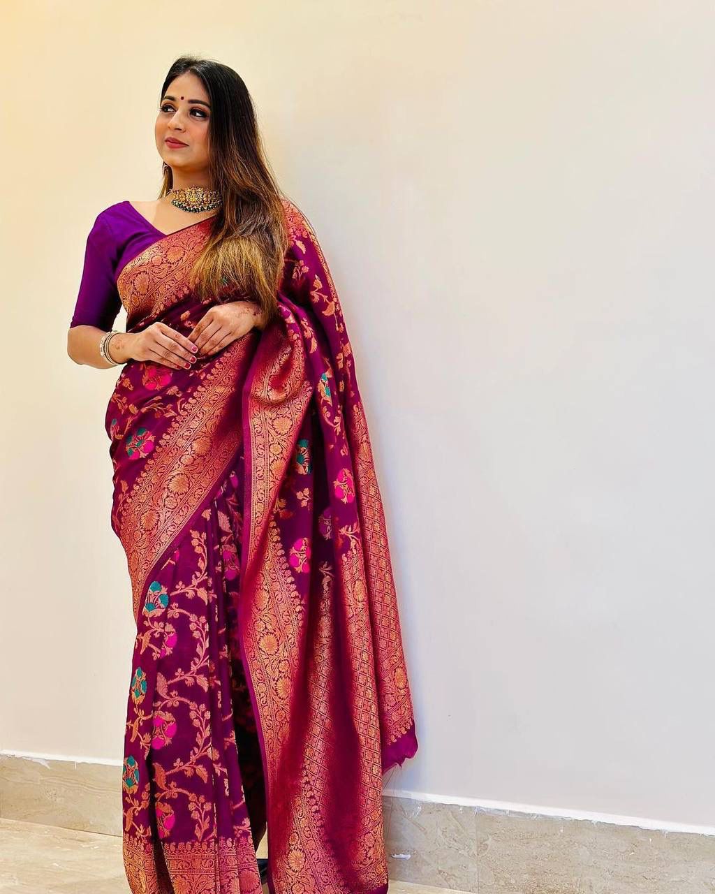 Radiating Purple Color Banarasi Soft Silk Saree With Blouse Piece