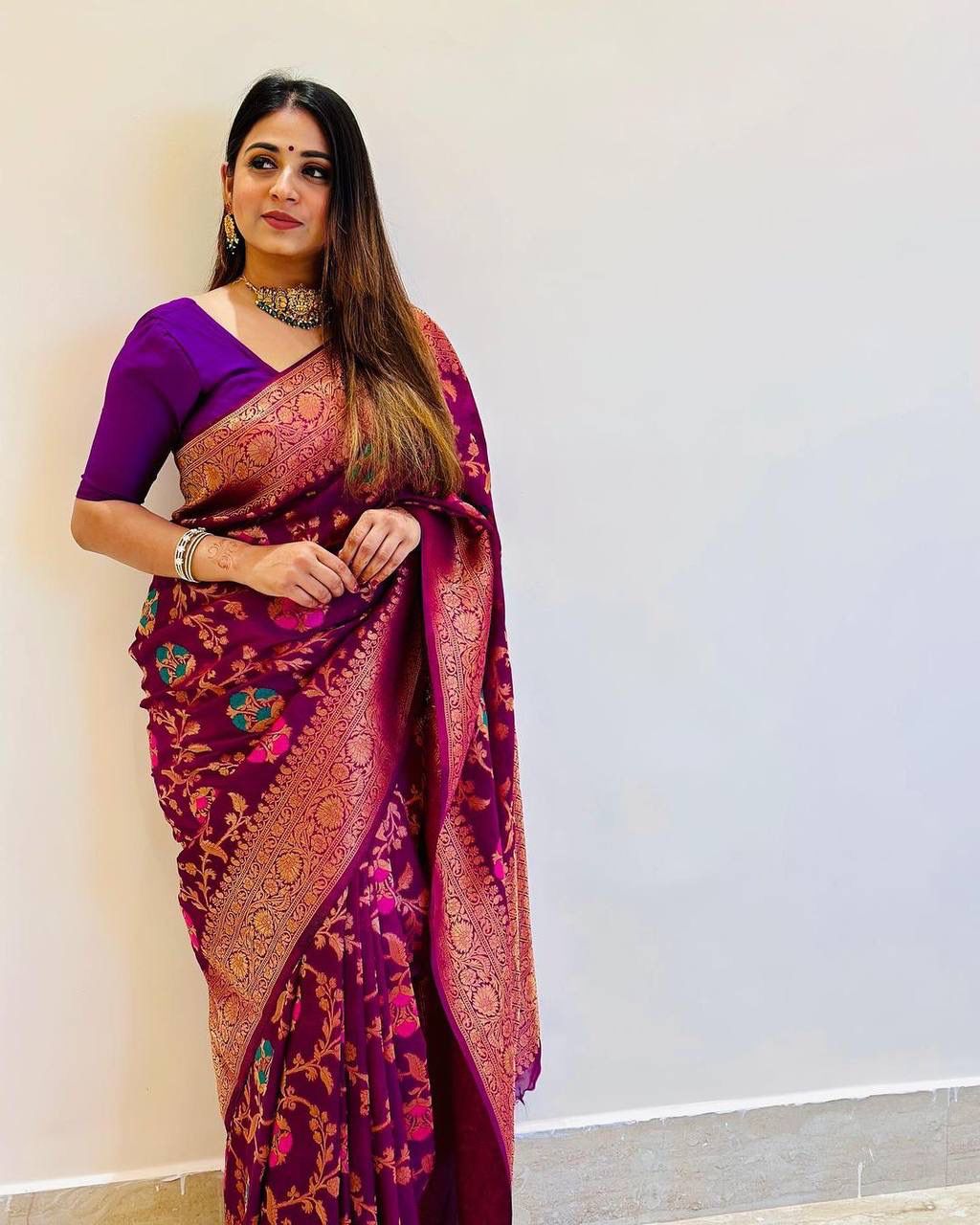 Radiating Purple Color Banarasi Soft Silk Saree With Blouse Piece