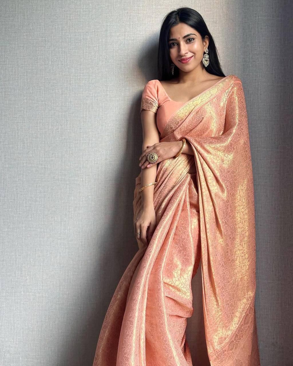 Beaming Baby Pink Color Soft Lichi Silk Saree With Blouse Piece