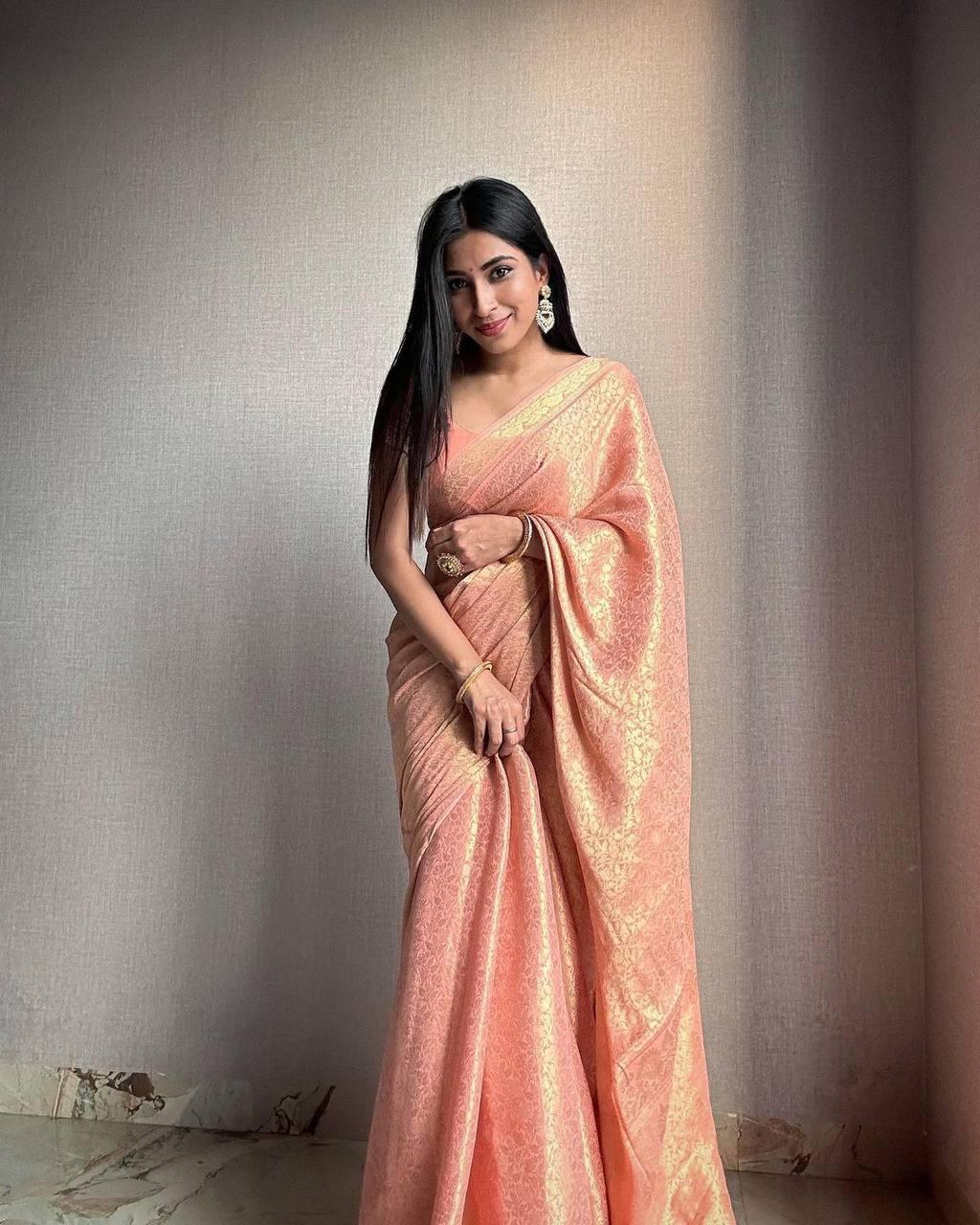 Beaming Baby Pink Color Soft Lichi Silk Saree With Blouse Piece