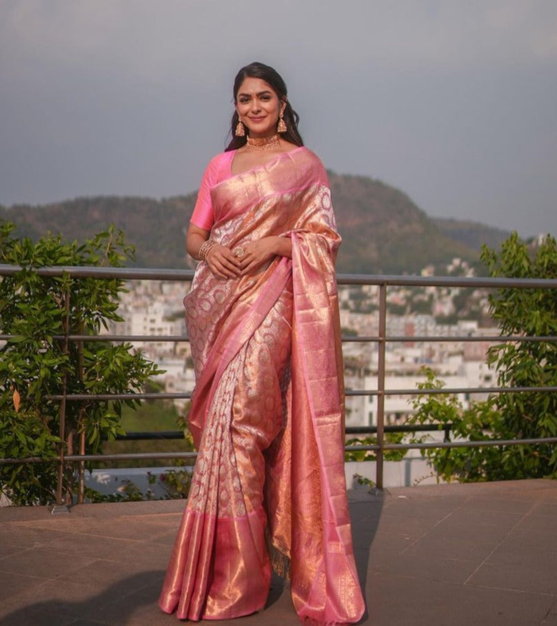 Exquisite Pink Color Banarasi Soft Silk Saree With Blouse Piece