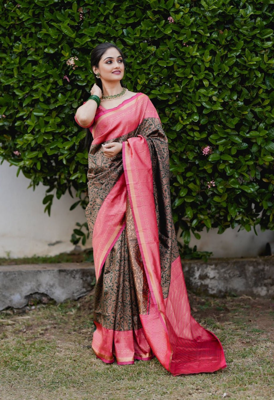 Ethereal Green Color Banarasi Soft Silk Saree With Blouse Piece