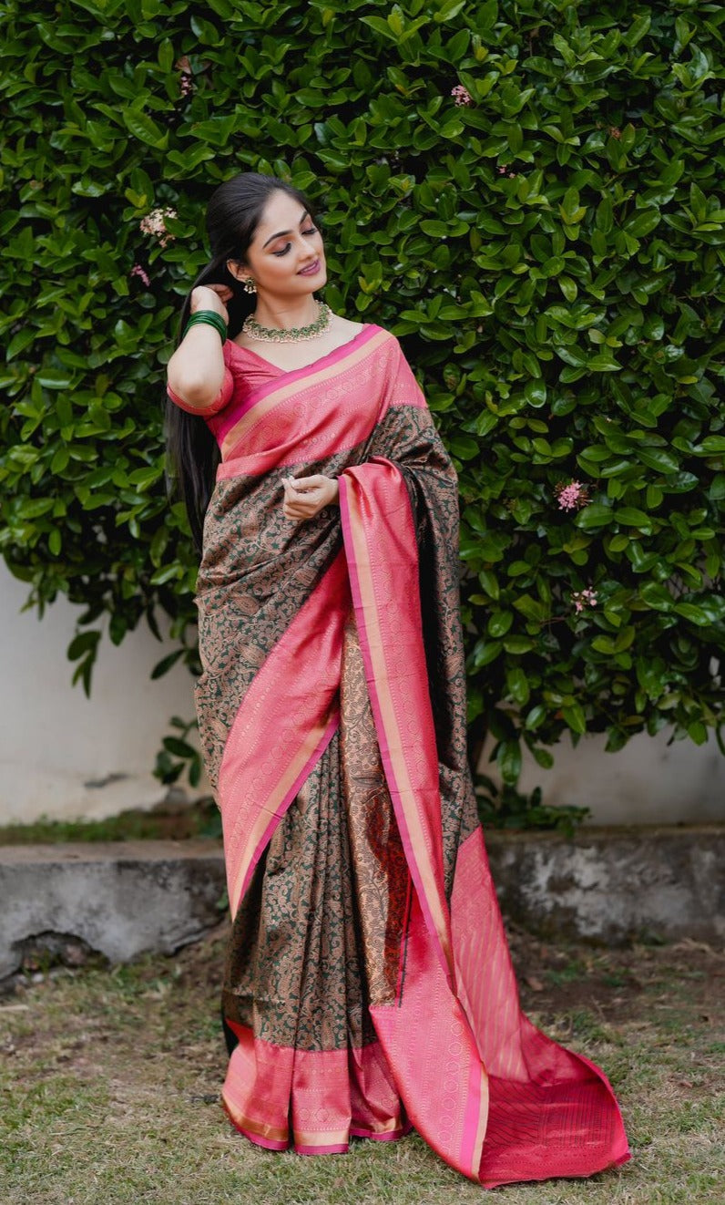 Ethereal Green Color Banarasi Soft Silk Saree With Blouse Piece