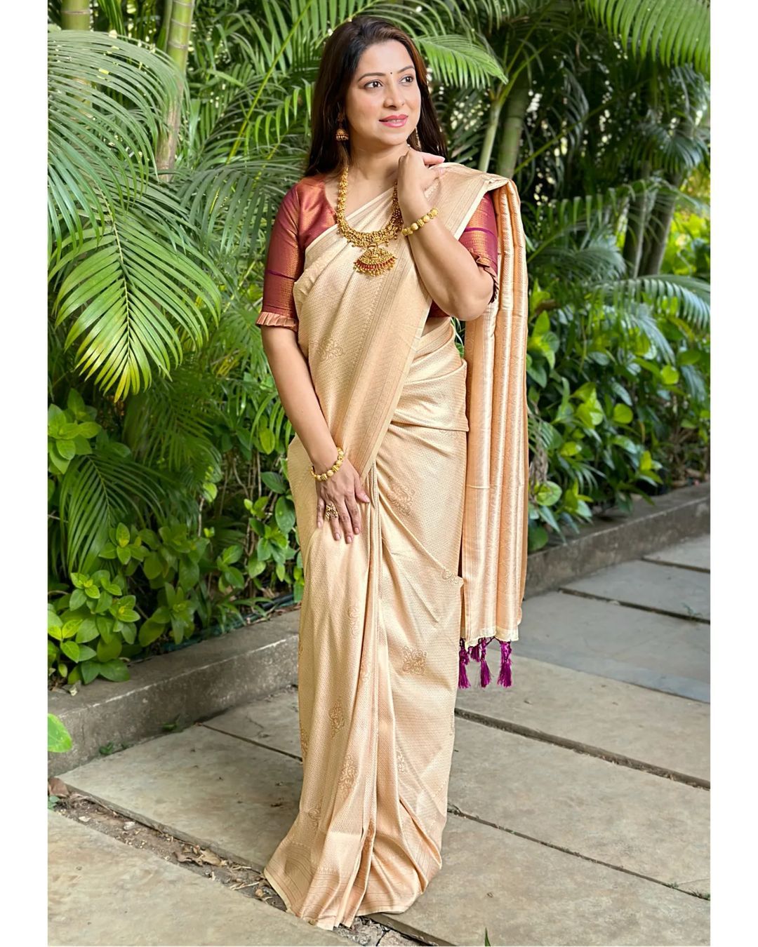 Angelic Cream Color Soft Lichi Silk Saree With Blouse Piece