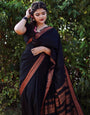 Angelical Black Color Banarasi Soft Silk Saree With Blouse Piece