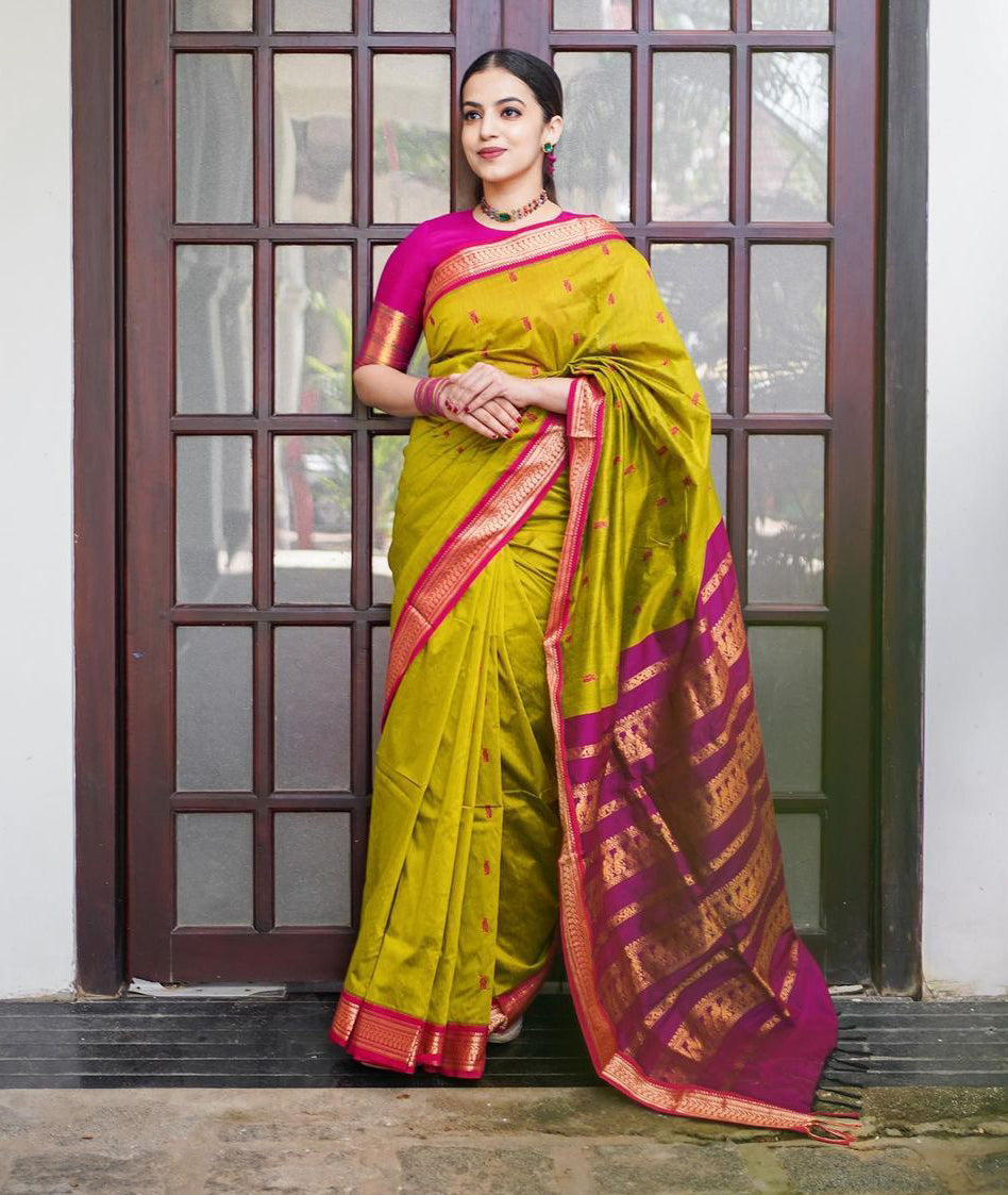 Fervent Mustard Color Banarasi Soft Silk Saree With Blouse Piece