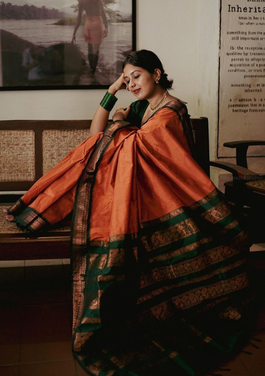 Sublime Orange Color Banarasi Soft Silk Saree With Blouse Piece