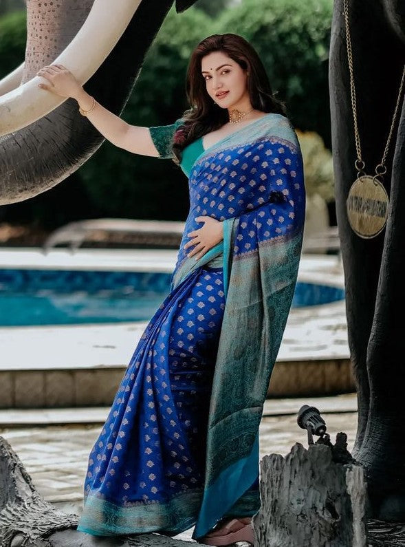 Refined Blue Color Banarasi Soft Silk Saree With Blouse Piece