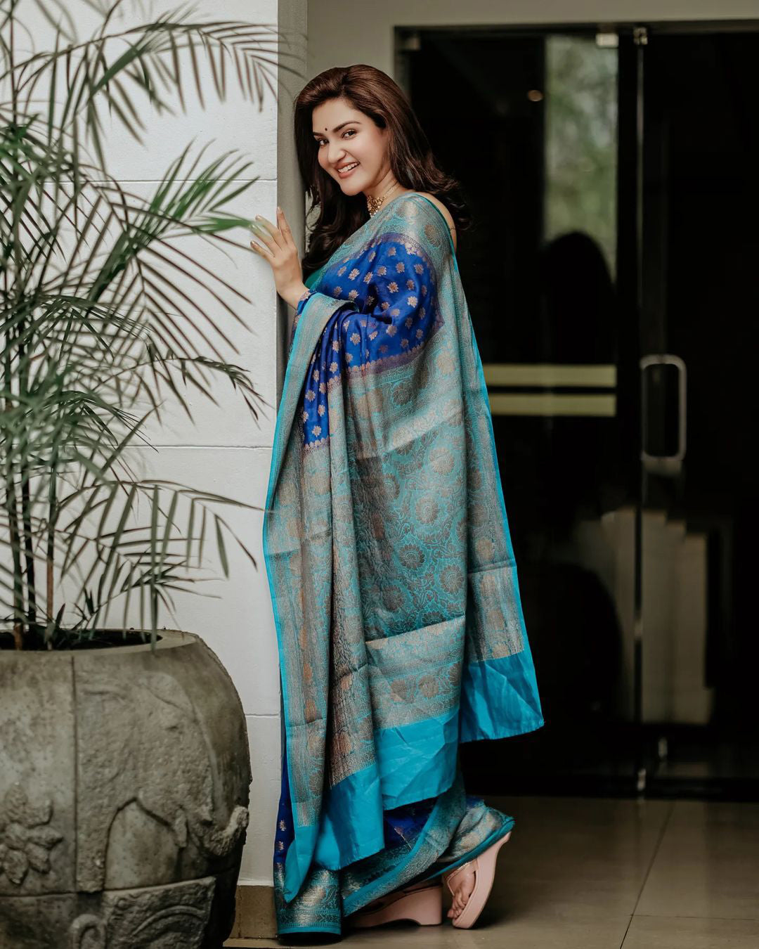 Refined Blue Color Banarasi Soft Silk Saree With Blouse Piece