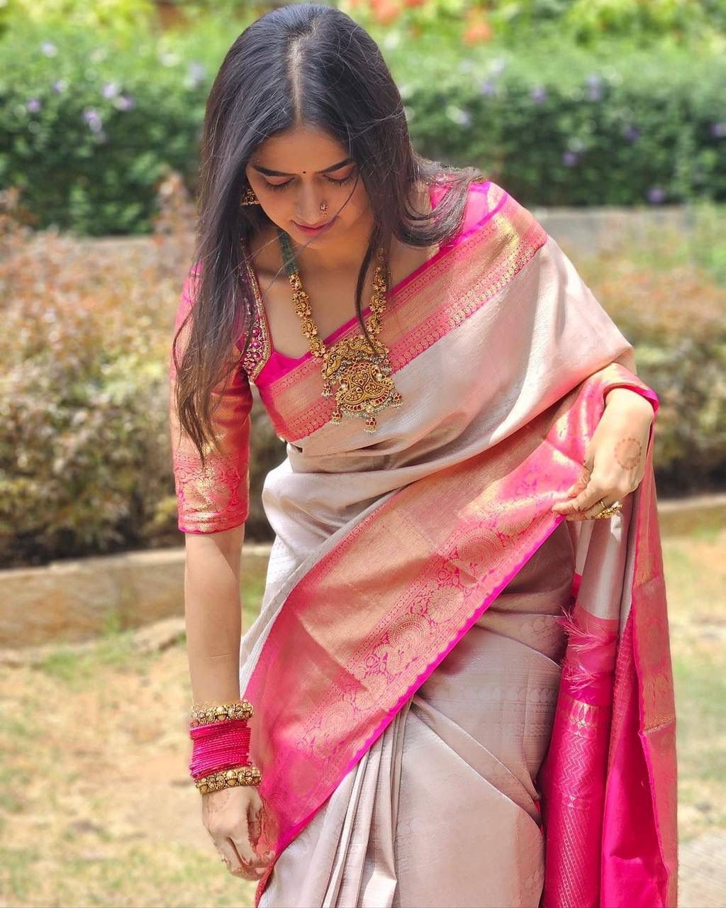 Enthralling Beige Color Banarasi Soft Silk Saree With Blouse Piece