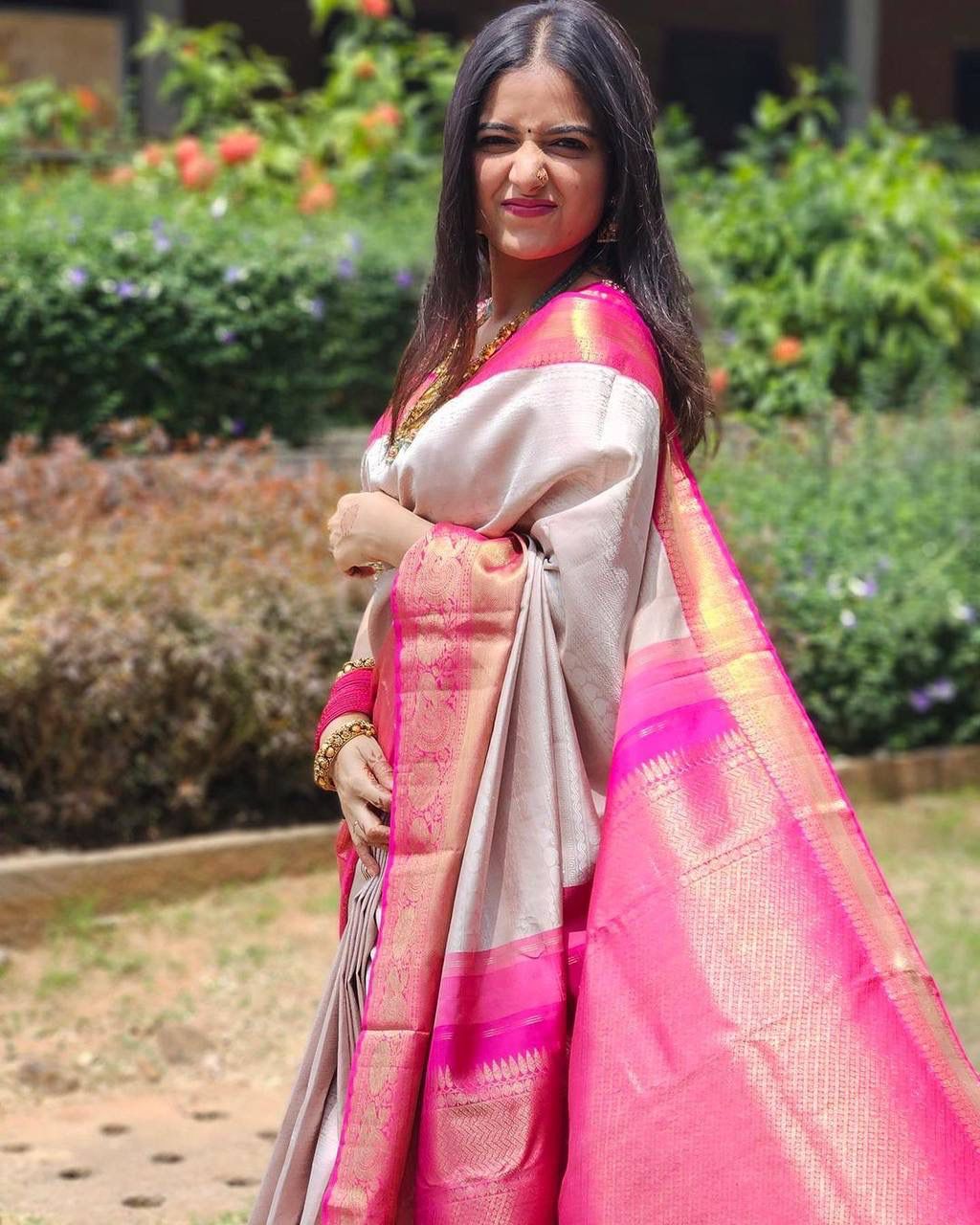 Enthralling Beige Color Banarasi Soft Silk Saree With Blouse Piece