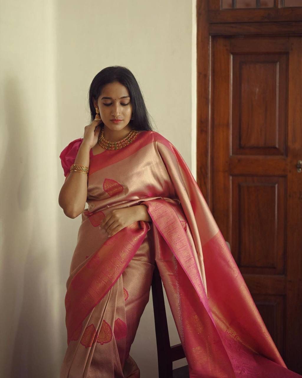 Heavenly Peach Color Soft Lichi Silk Saree With Blouse Piece