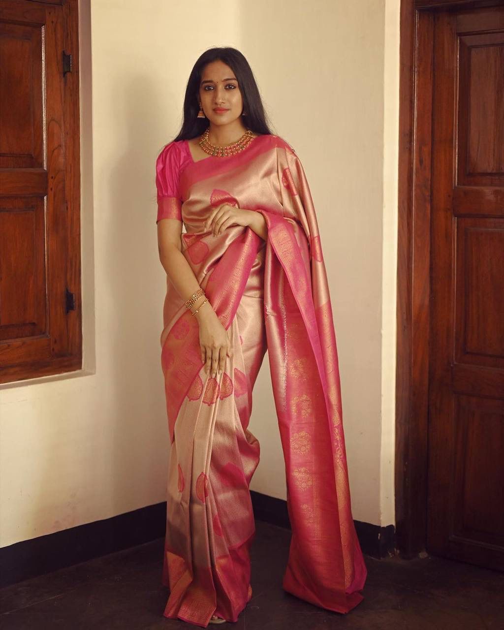 Heavenly Peach Color Soft Lichi Silk Saree With Blouse Piece