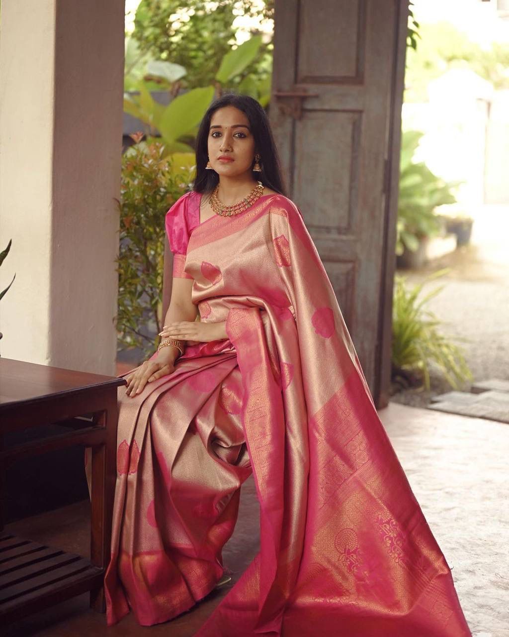 Heavenly Peach Color Soft Lichi Silk Saree With Blouse Piece