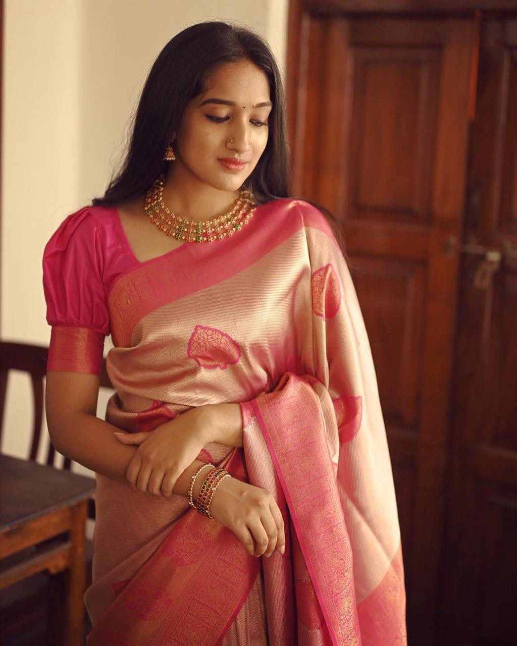 Heavenly Peach Color Soft Lichi Silk Saree With Blouse Piece