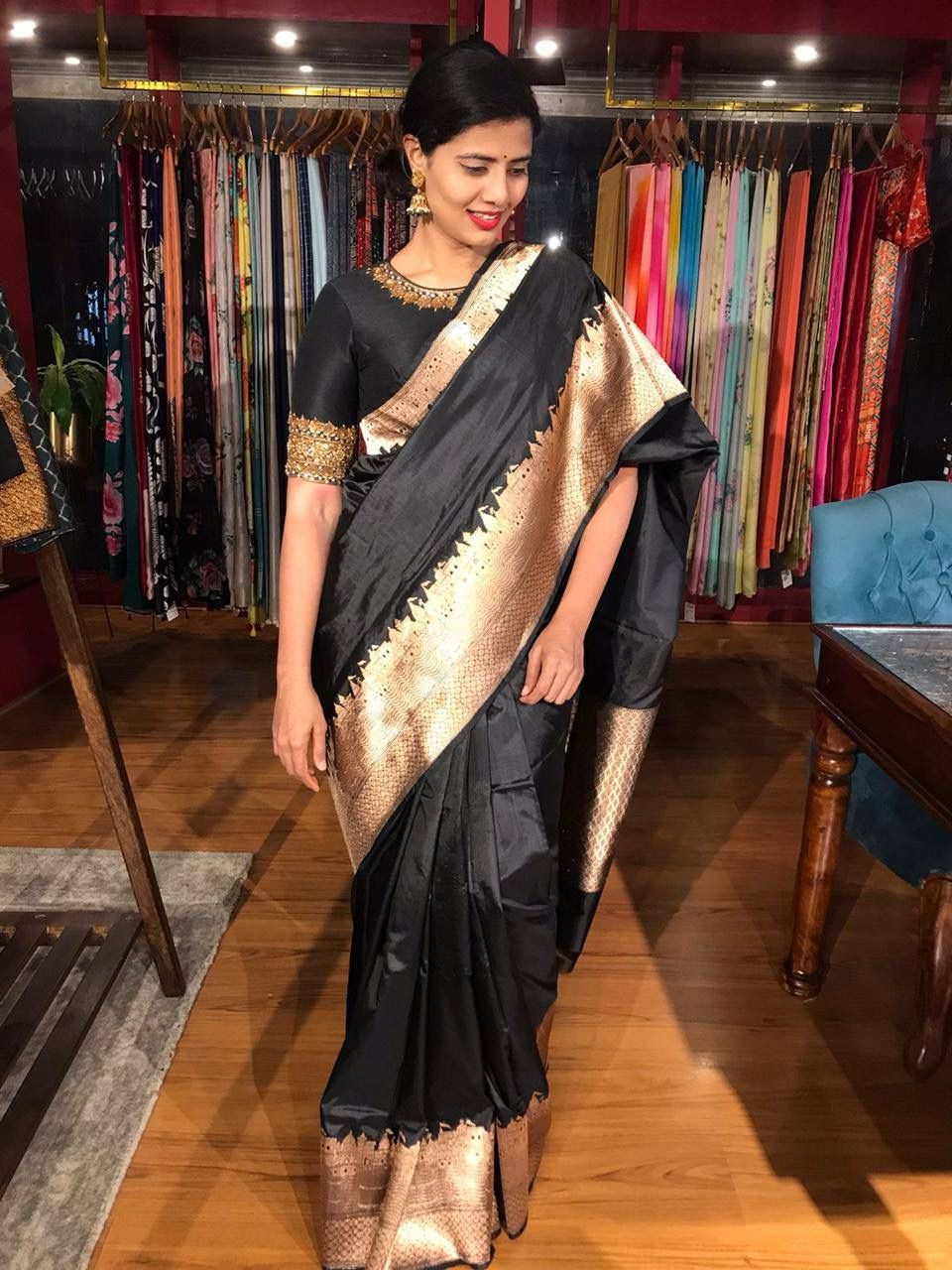 Invigorating Black Color Soft Lichi Silk Saree With Blouse Piece