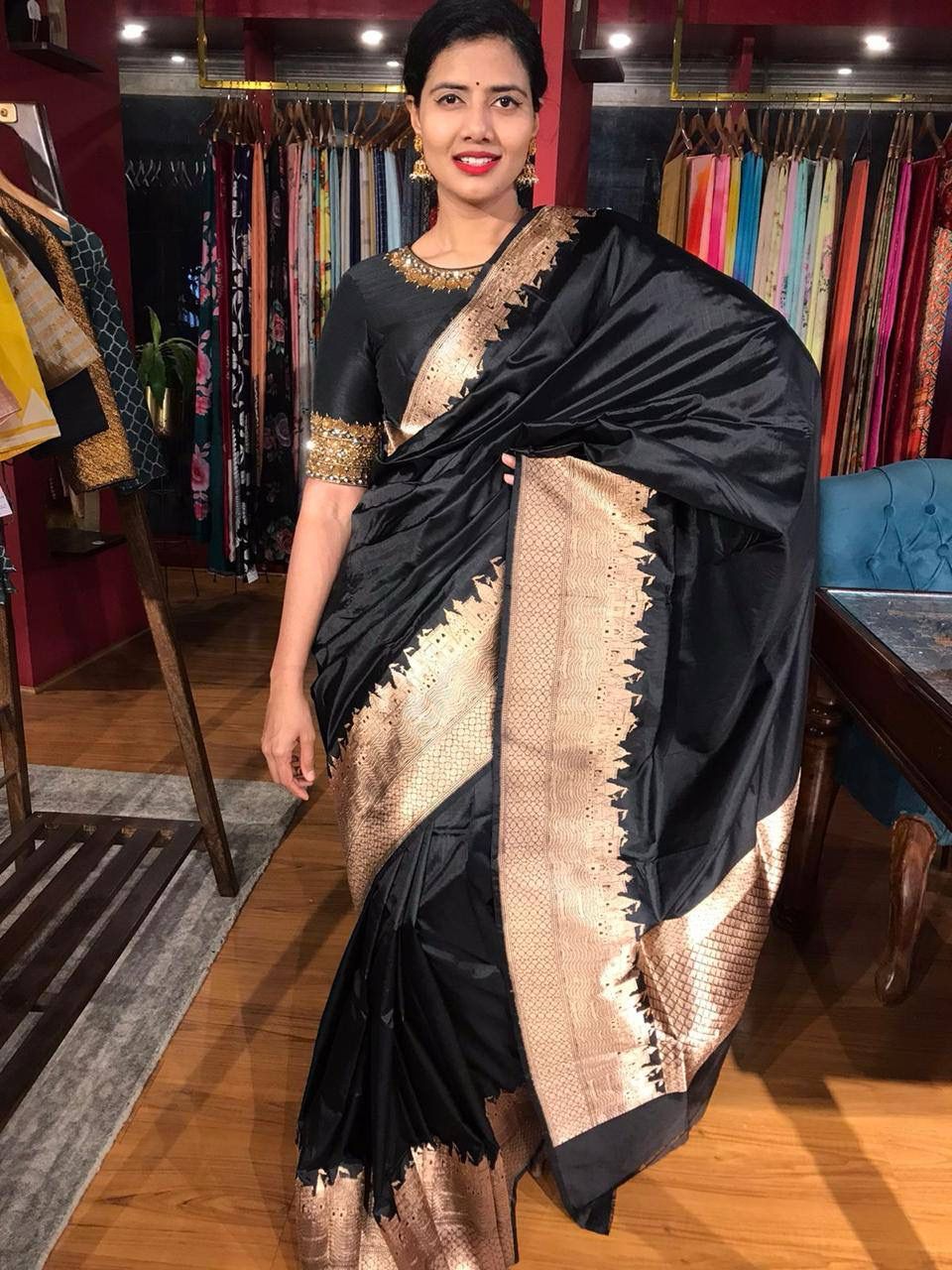 Invigorating Black Color Soft Lichi Silk Saree With Blouse Piece