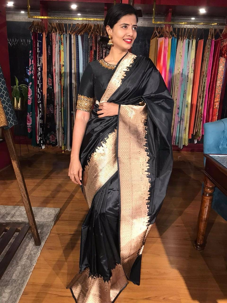 Invigorating Black Color Soft Lichi Silk Saree With Blouse Piece