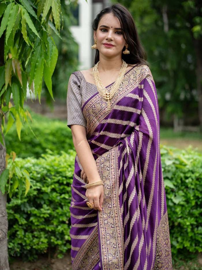 Exotic Purple Color Soft Lichi Silk Saree With Blouse Piece