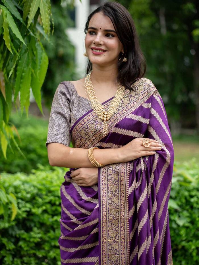 Exotic Purple Color Soft Lichi Silk Saree With Blouse Piece