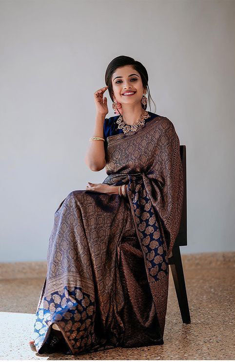 Opulent Navy Blue Color Soft Lichi Silk Saree With Blouse Piece