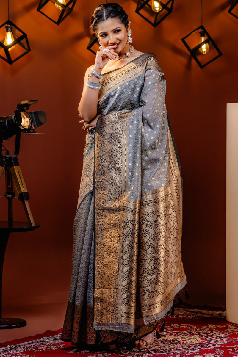 Adoring Grey Soft Silk Saree With Dissemble Blouse Piece