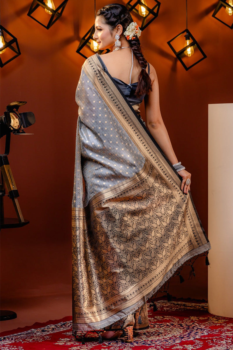 Adoring Grey Soft Silk Saree With Dissemble Blouse Piece