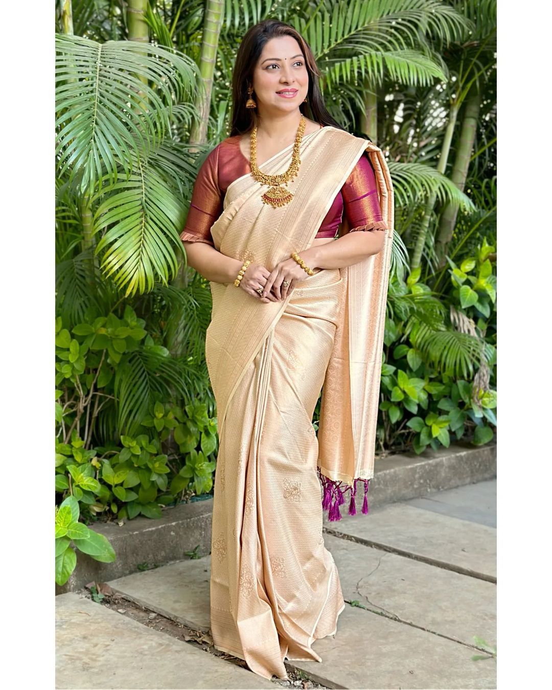 Cream Color Soft Lichi Silk Saree
