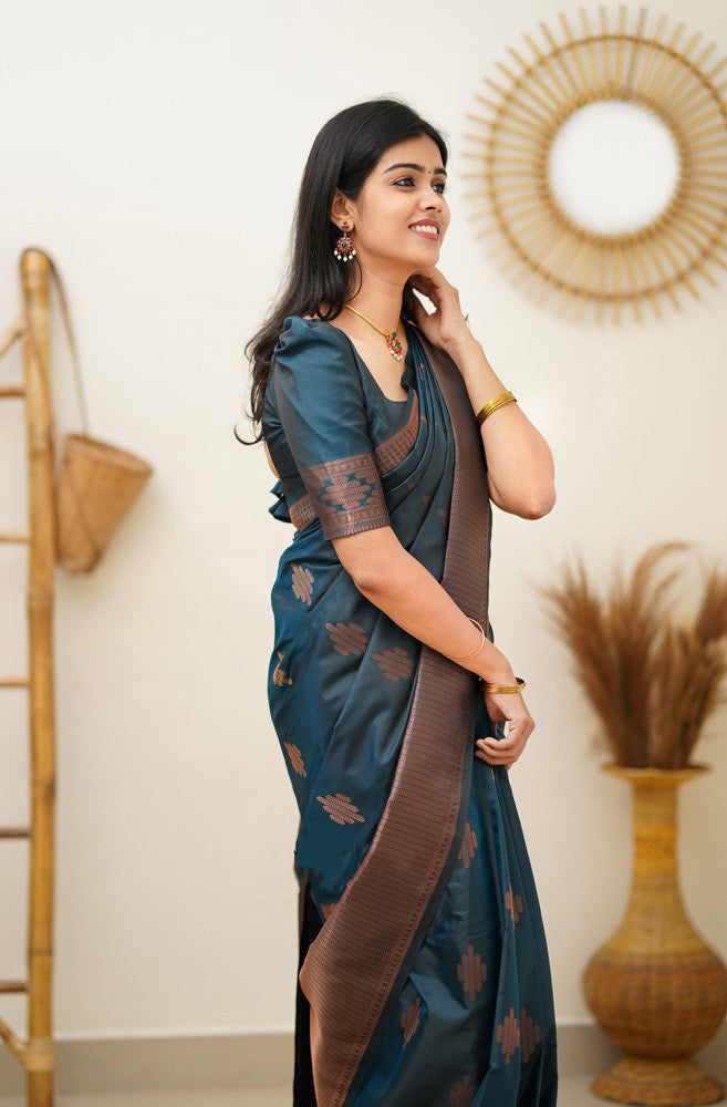 Gleaming Rama Green Color Soft Silk Saree