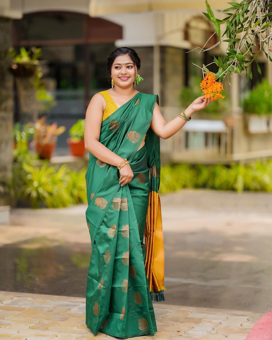 Glistening Rama Green Color Soft Lichi Silk Saree