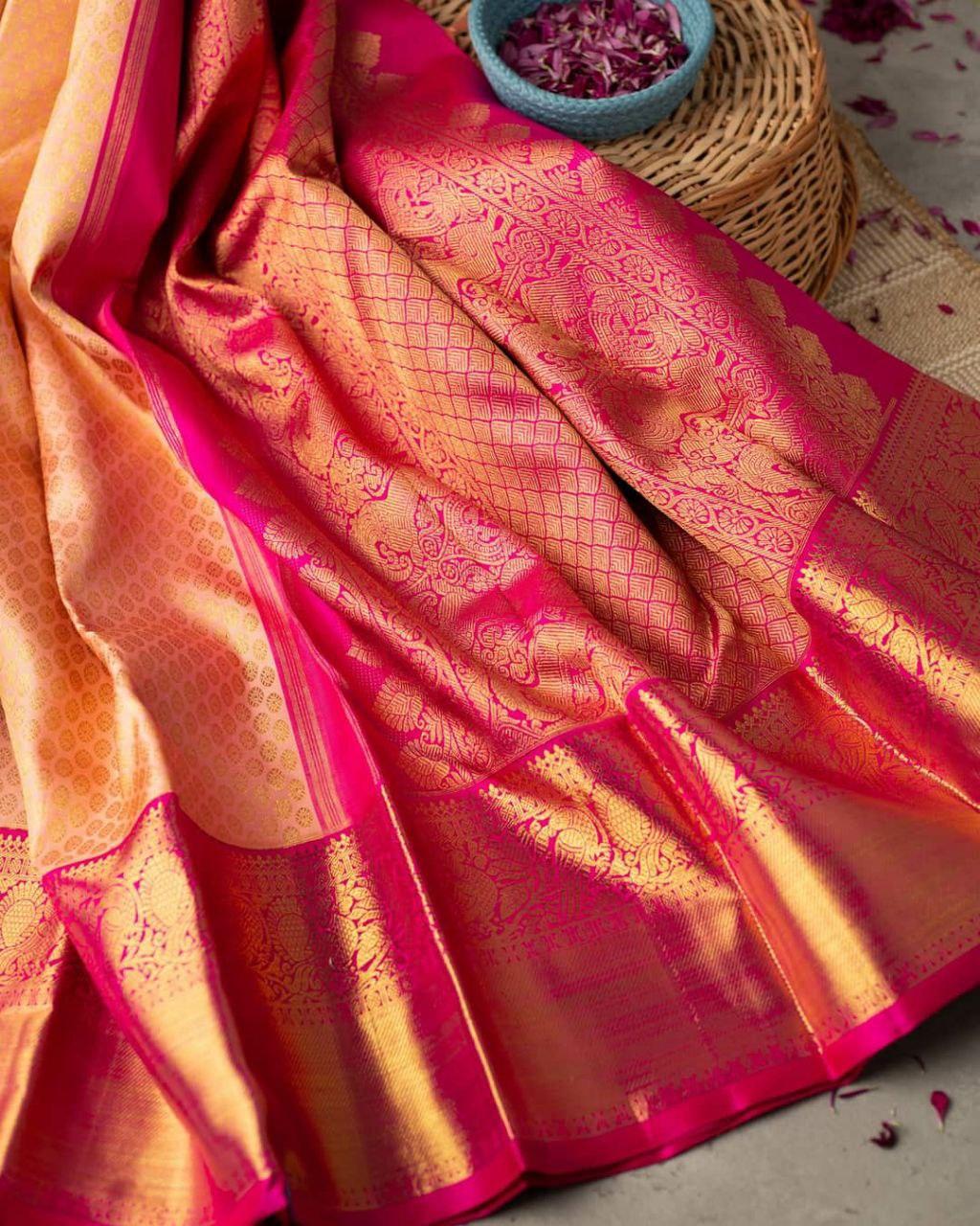 Splendid Peach Color Banarasi Soft Silk Saree With Blouse Piece