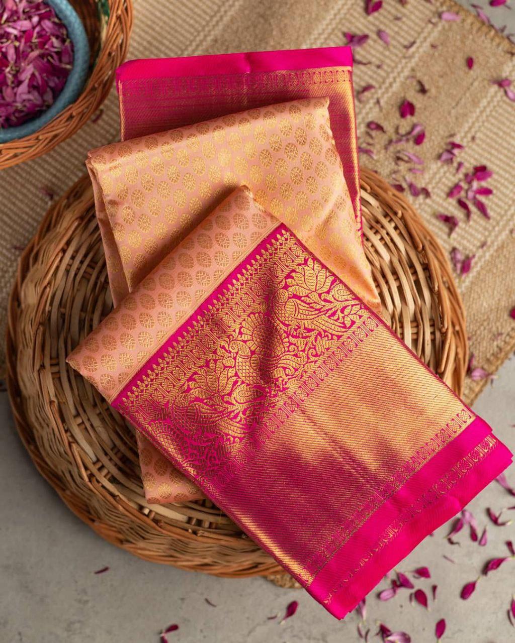 Splendid Peach Color Banarasi Soft Silk Saree With Blouse Piece