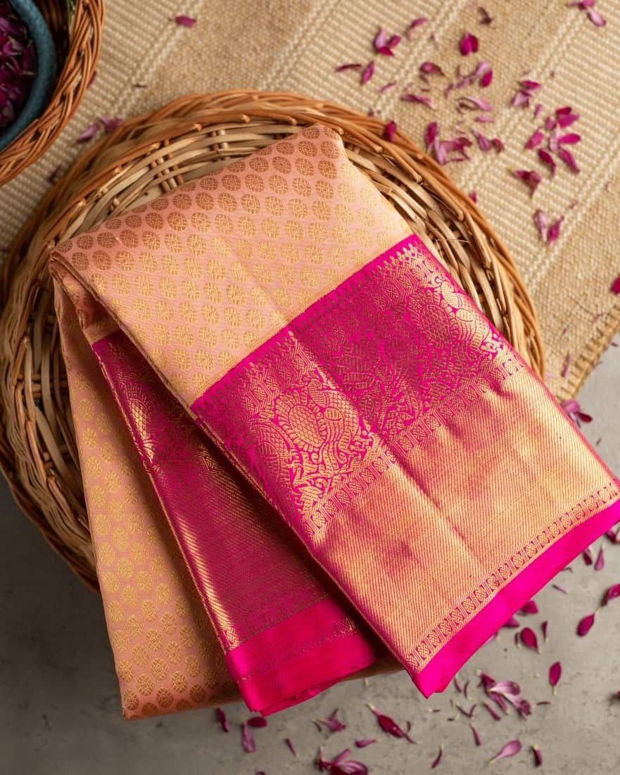 Splendid Peach Color Banarasi Soft Silk Saree With Blouse Piece