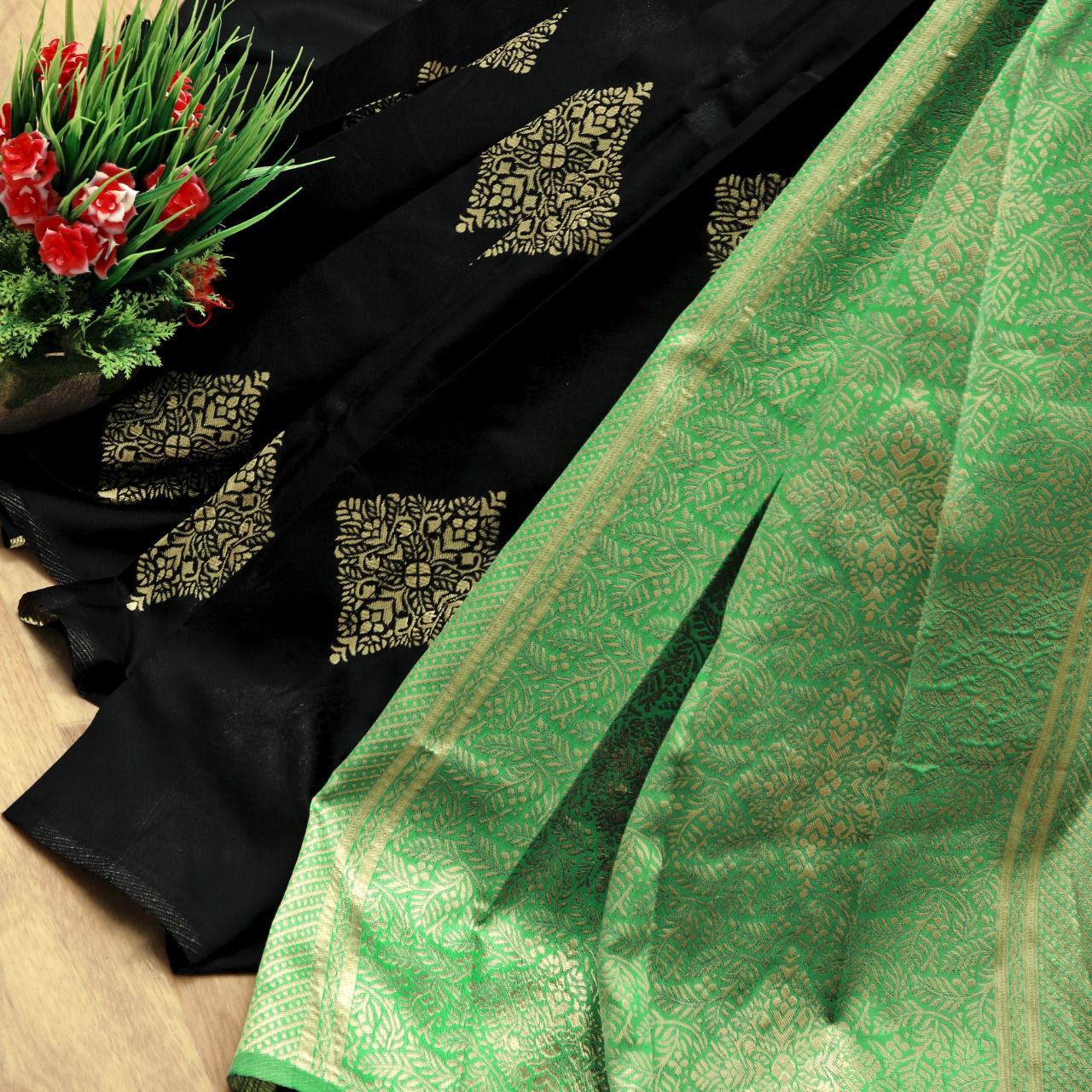 Slippery Black Color Soft Lichi Silk Saree With Blouse Piece