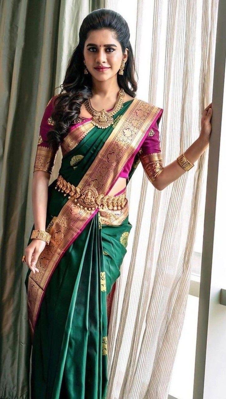 Exotic Green Color Soft Lichi Silk Saree With Blouse Piece