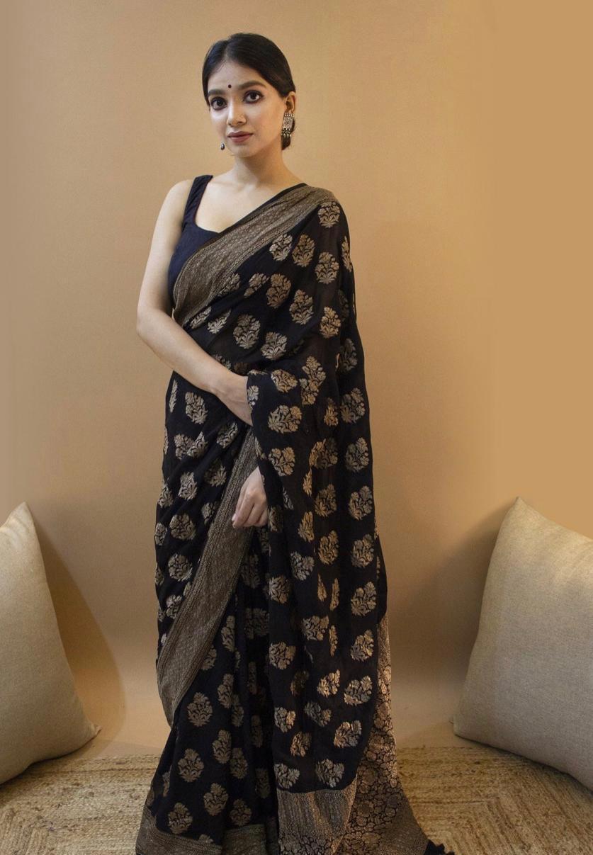 Slick Black Color Soft Lichi Silk Saree With Blouse Piece