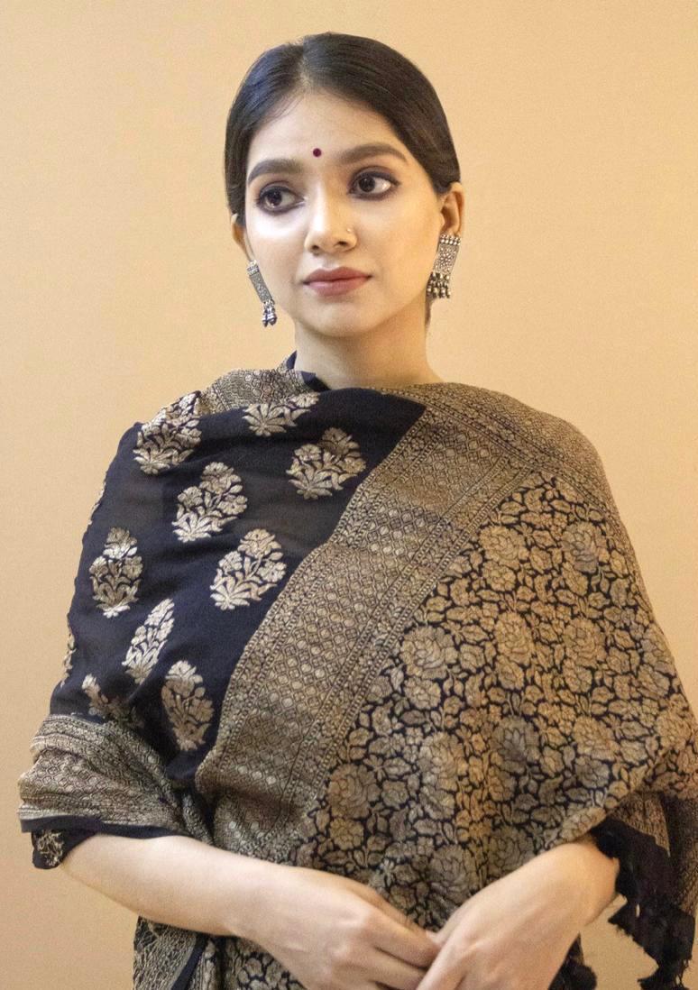 Slick Black Color Soft Lichi Silk Saree With Blouse Piece