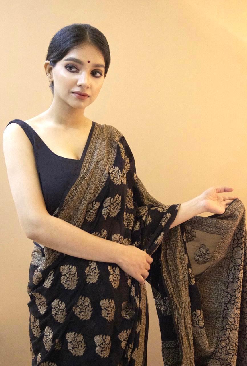 Slick Black Color Soft Lichi Silk Saree With Blouse Piece