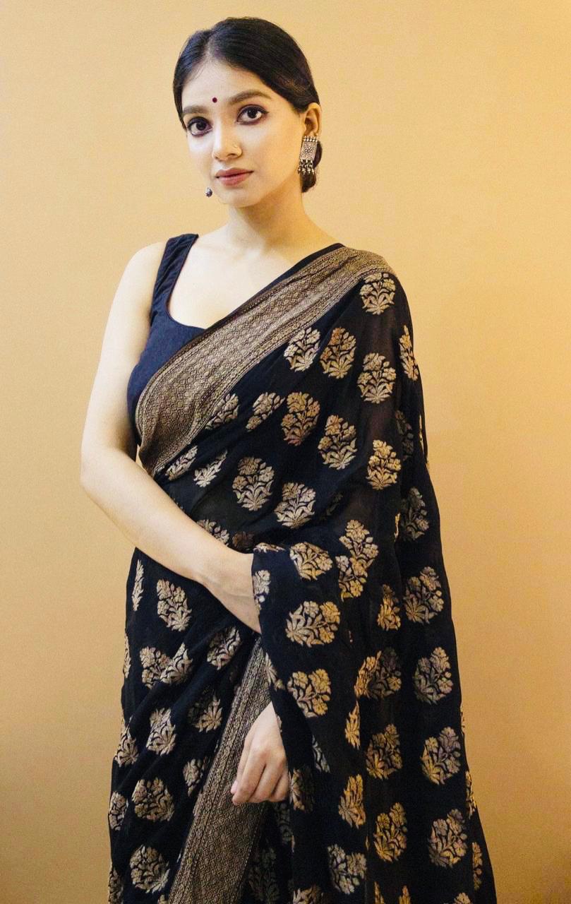 Slick Black Color Soft Lichi Silk Saree With Blouse Piece