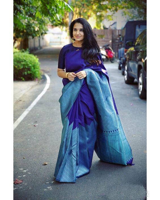 Divine Blue Color Soft Lichi Silk Saree With Blouse Piece