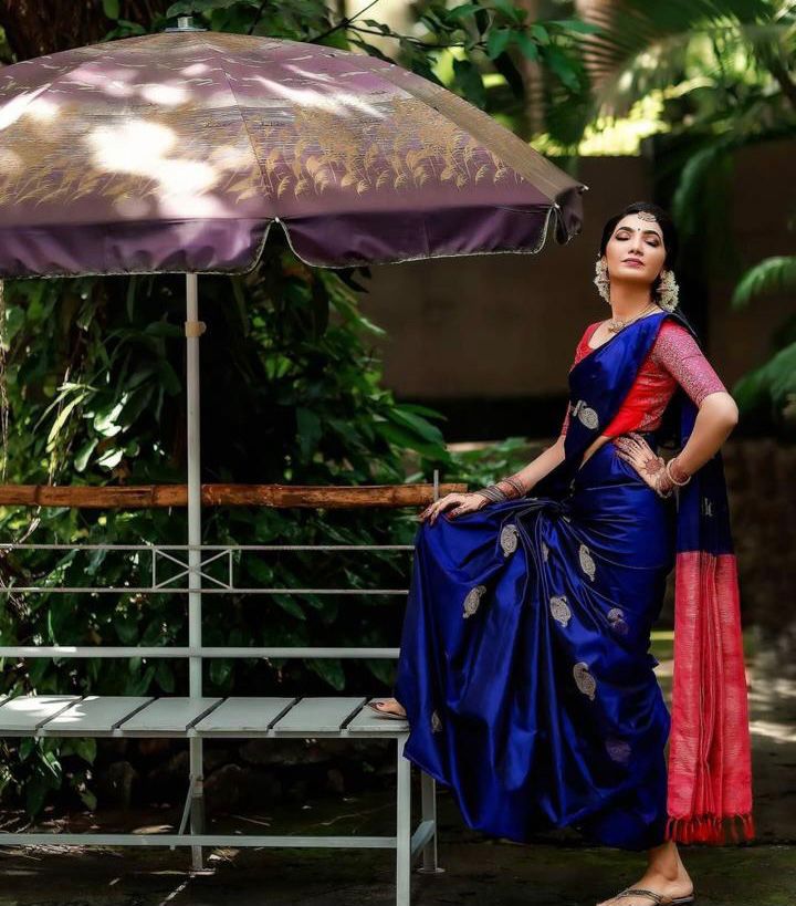 Elegance Blue Color Soft Lichi Silk Saree With Blouse Piece