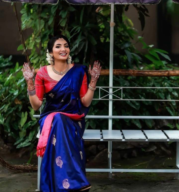 Elegance Blue Color Soft Lichi Silk Saree With Blouse Piece