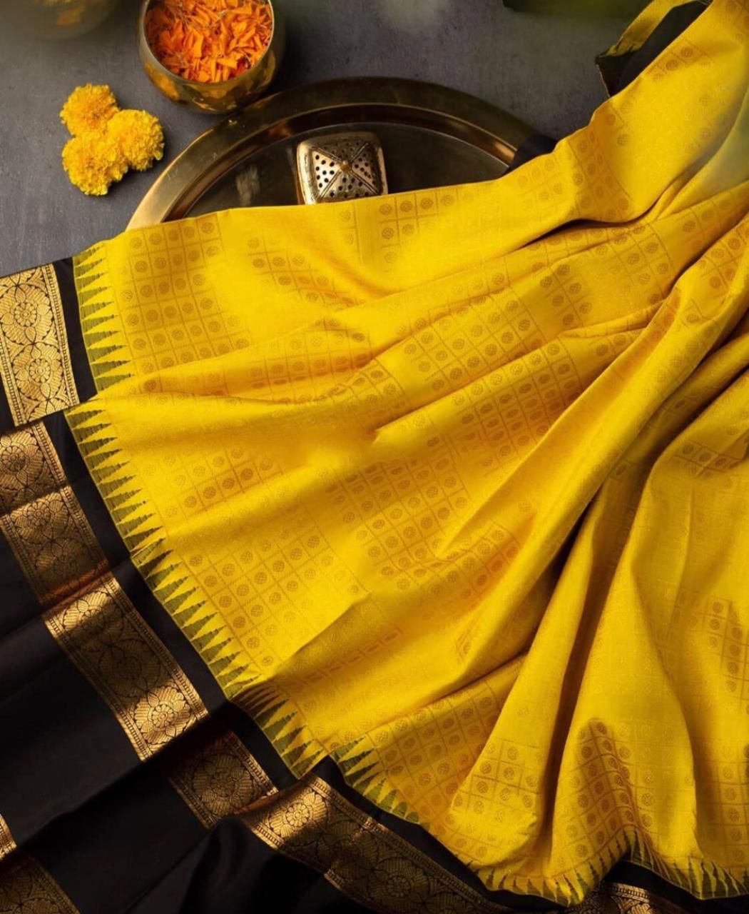 Bewitching Yellow Color Banarasi Soft Silk Saree With Blouse Piece