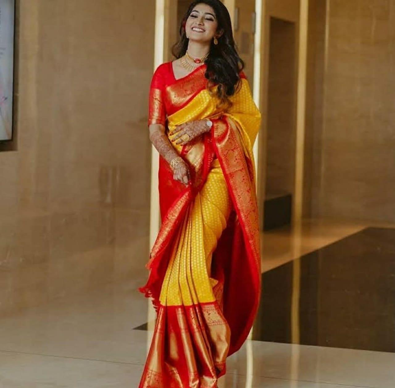 Stunning Yellow Color Banarasi Soft Silk Saree With Blouse Piece