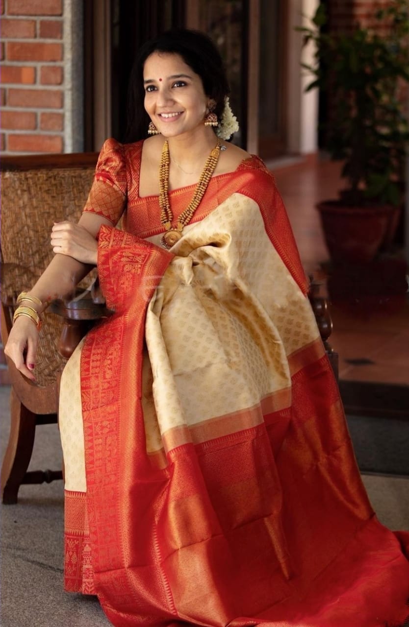 Captivating Beige Color Banarasi Soft Silk Saree With Blouse Piece