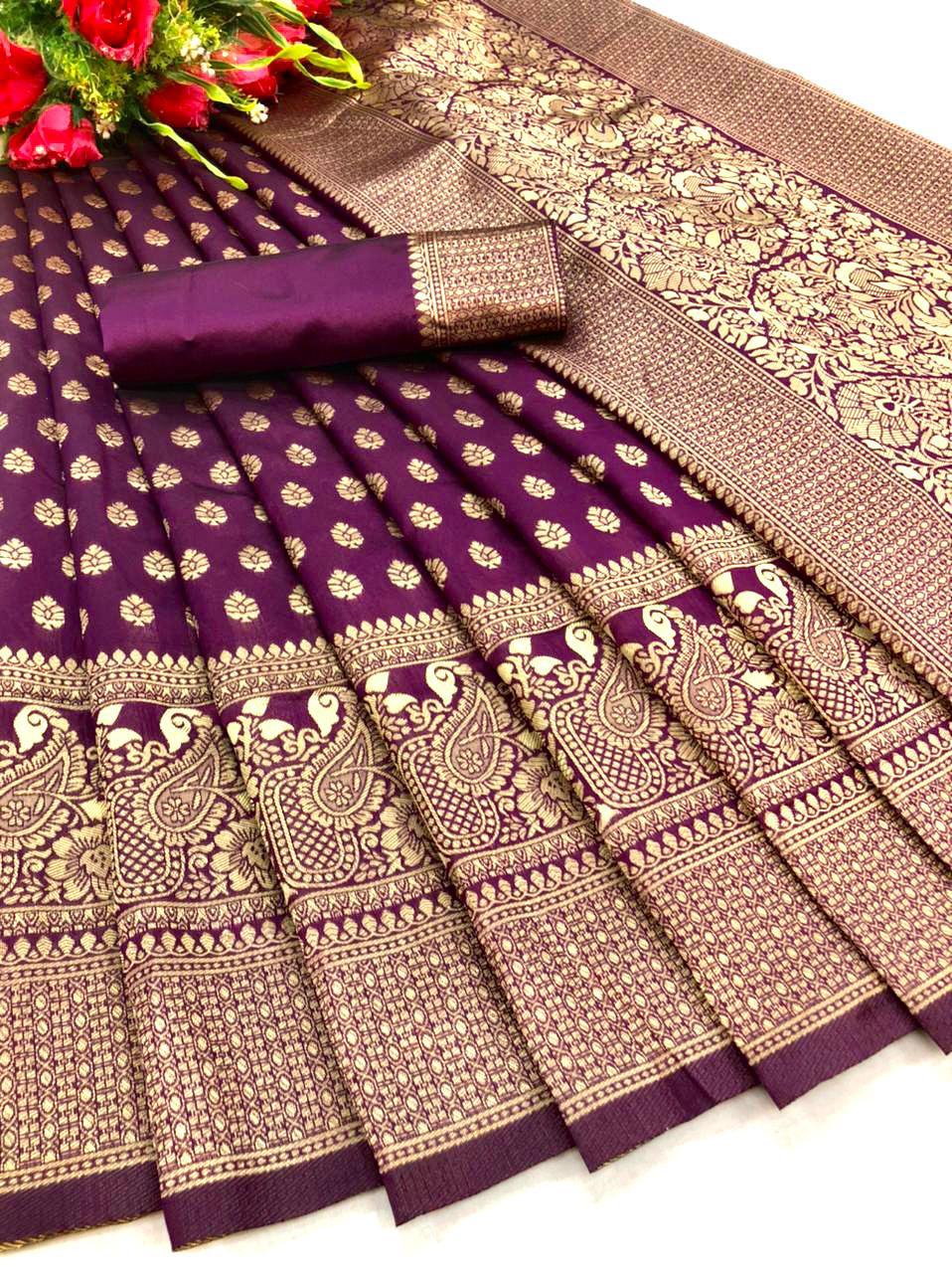 Captivating Purple Color Banarasi Soft Silk Saree With Blouse Piece