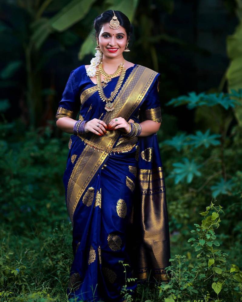 Graceful Blue Color Banarasi Soft Silk Saree With Blouse Piece