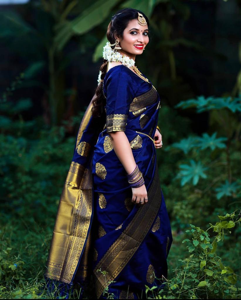 Graceful Blue Color Banarasi Soft Silk Saree With Blouse Piece