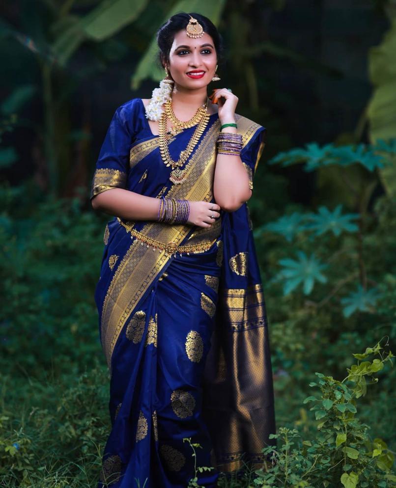 Graceful Blue Color Banarasi Soft Silk Saree With Blouse Piece